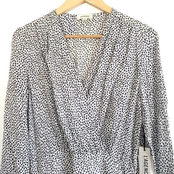 New L'Agence Diego Heart Print Wrap Silk Ivory/Black Dress NWT Size 8 - Picture 8 of 15